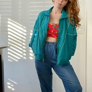 Vintage teal and gold windbreaker track jacket
